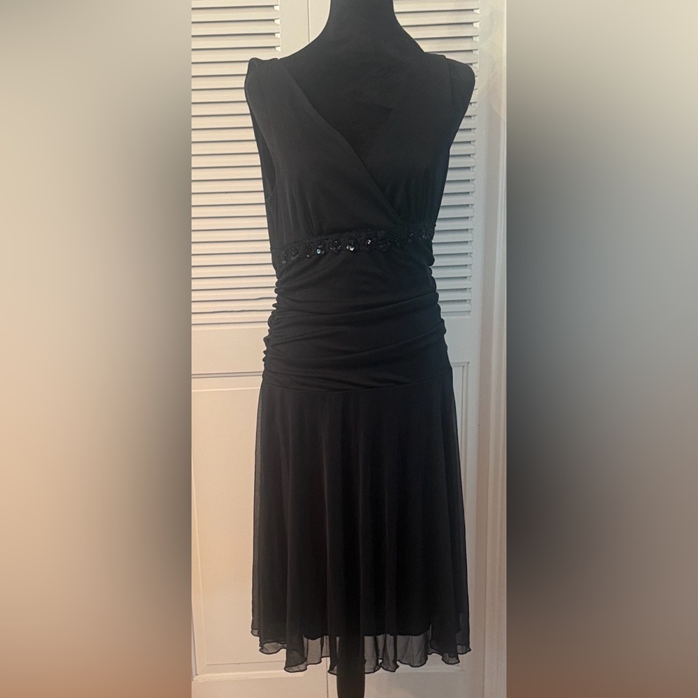 connected apparel Black Sleeveless V-Neck Beaded Waist Midi Dress